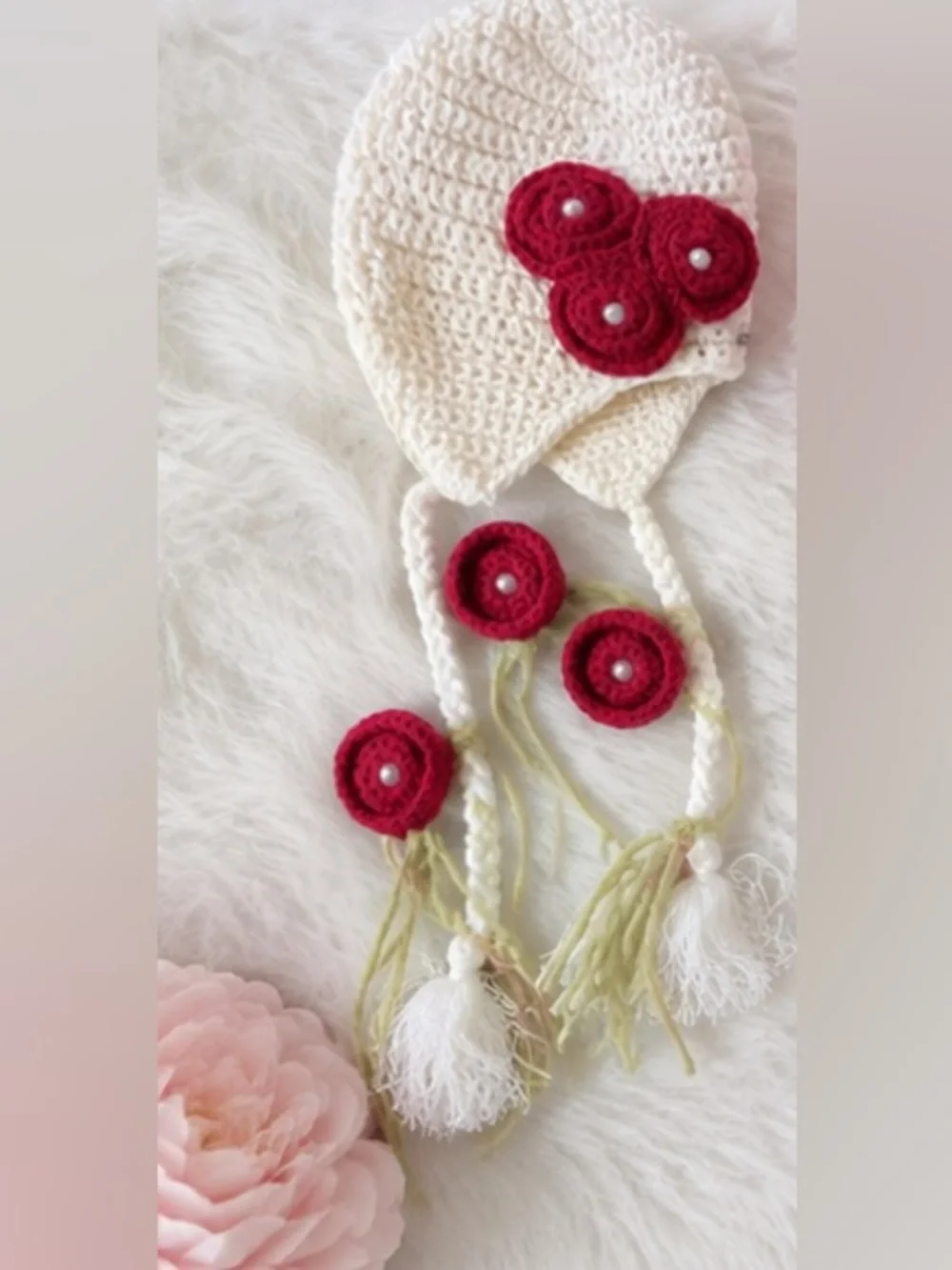 Crochet Baby Hat with Red Flower Accents - Kids Accessories